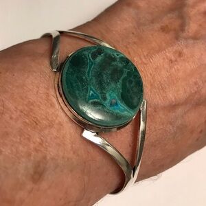 Malachite Stamped 925 Sterling Silver Cuff Bracelet